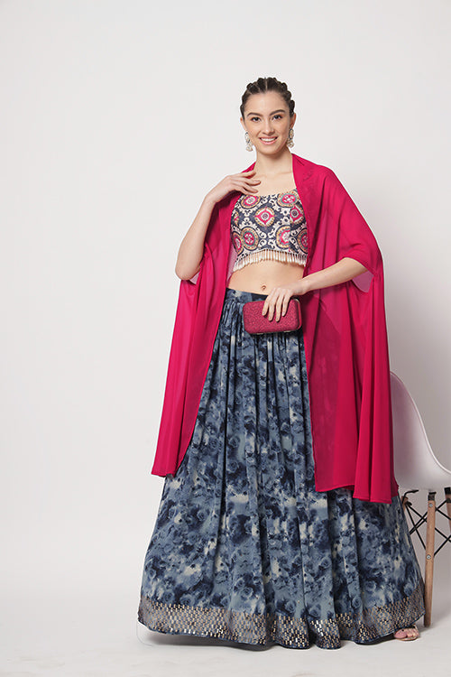 Buy now Online Indian Ethnic Wear Navy Blue Printed Lehenga Choli Collection
