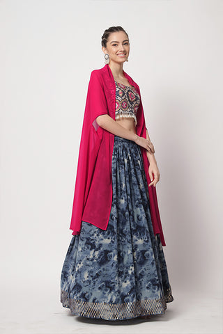 Buy now Online Indian Ethnic Wear Navy Blue Printed Lehenga Choli Collection