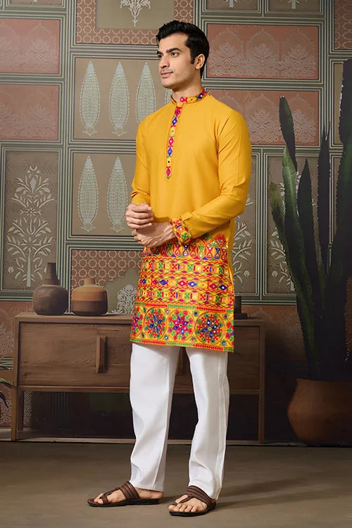 Cotton Silk Yellow Kurta Men