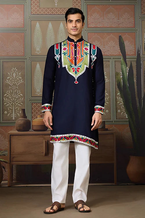 Navy Blue Embroidered Kurta Men