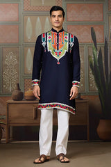 Navy Blue Embroidered Kurta Men