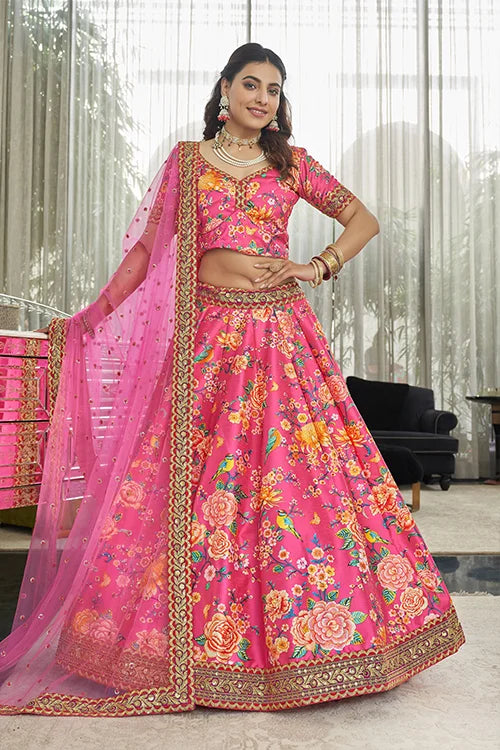 Deep Pink Art Silk Digital Print With Sequins Lehenga Choli With Dupatta