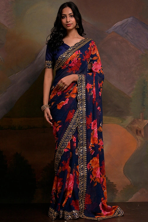 Designer Blue Georgette Saree