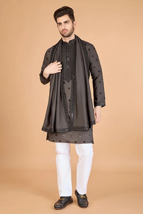 Brown Viscose Silk Kurta with Sequins