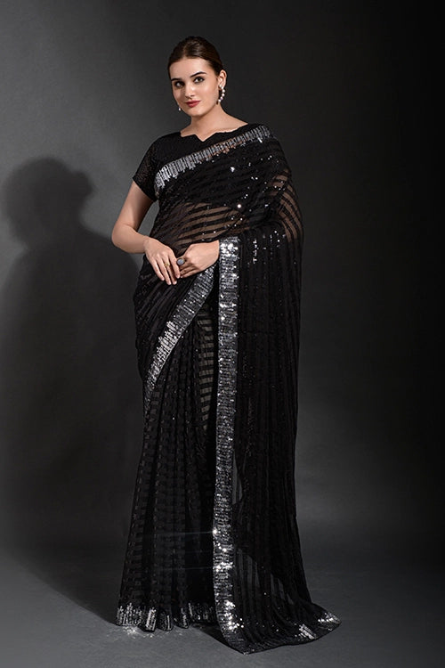 Black Georgette Saree with Cutwork Lace