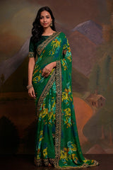 Designer Green Georgette Embroidered Saree