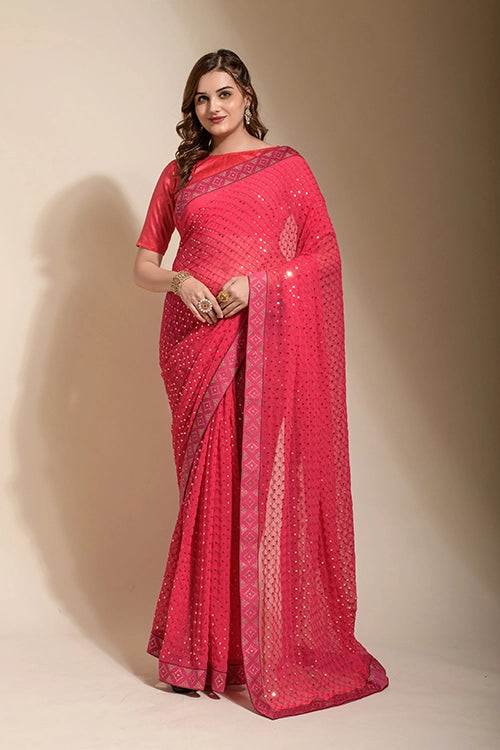 Pink Georgette Saree with Swarovski Work