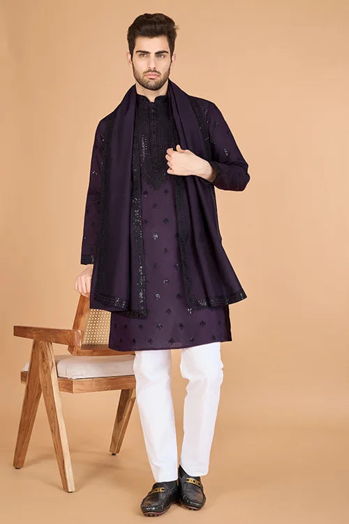 Purple Viscose Silk Kurta Set