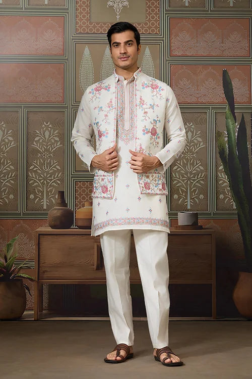 White Viscose Silk Kurta Koti