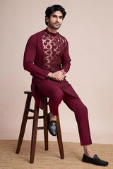 Embroidered Maroon Men's Kurta