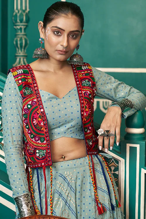 Elegant Pista Green Jacket Style Chaniya Choli