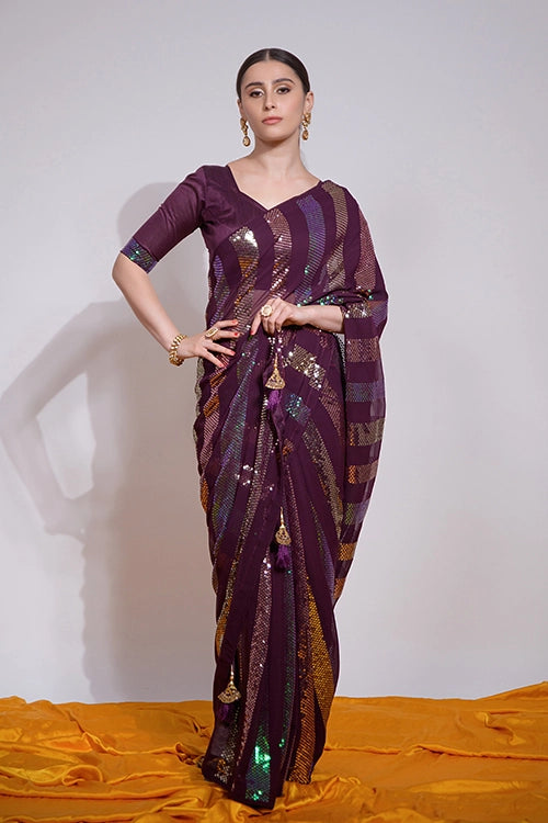 Wine Saree with Fancy Embroidery