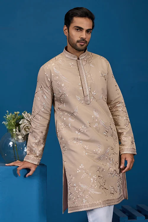 Beige Viscose Silk Kurta
