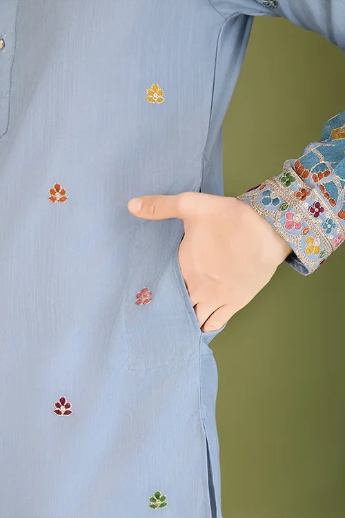 Sky Color Embroidered Kurta for Gents