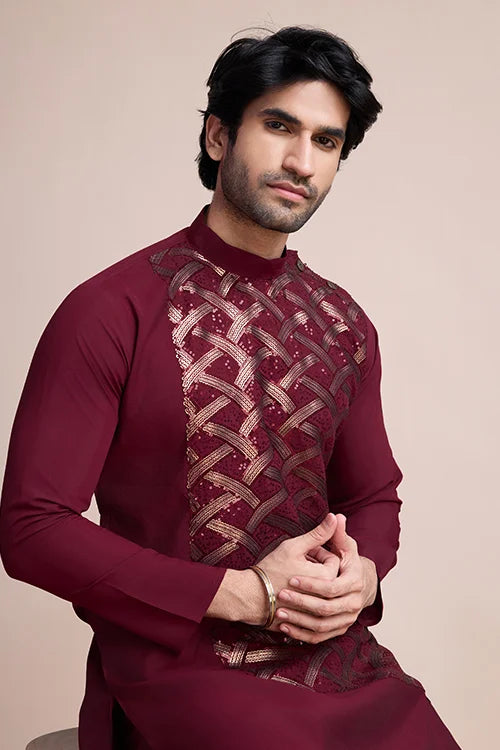 Maroon Embroidered Silk Kurta