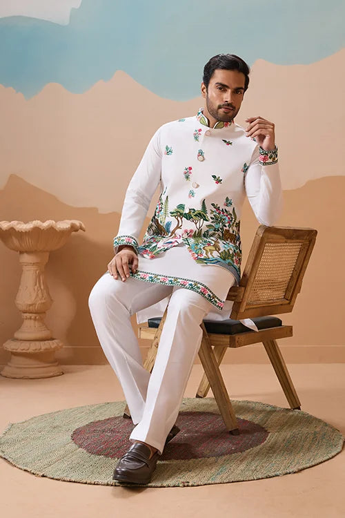 Premium White Kurta Koti Set