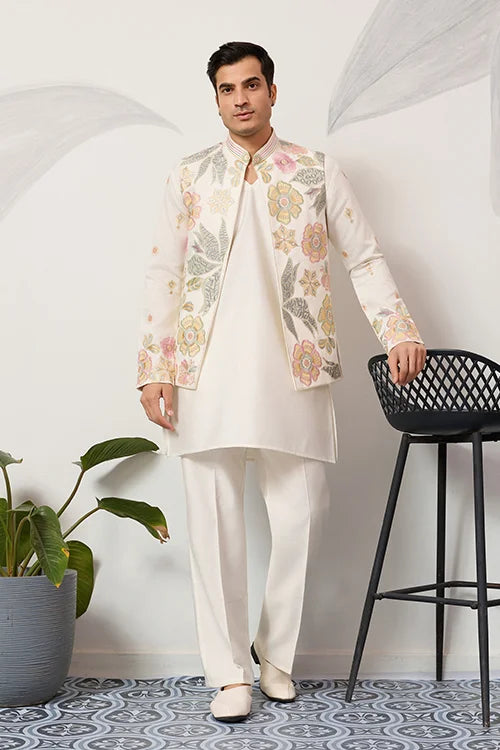 Men White Koti Kurta Pair