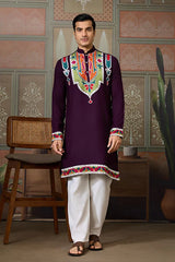 Purple Embroidered Kurta for Men