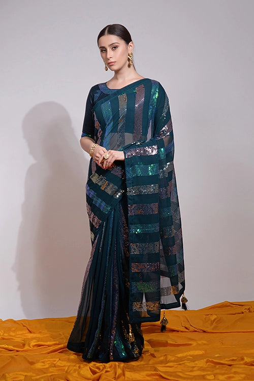 Petrol Georgette Saree with Embroidery