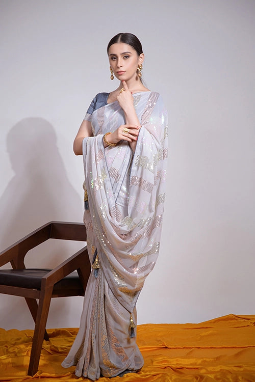 Designer Grey Georgette Saree