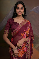 Wine Saree with Lace Border