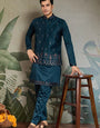 Teal Blue Embroidered Kurta Koti Set for Men