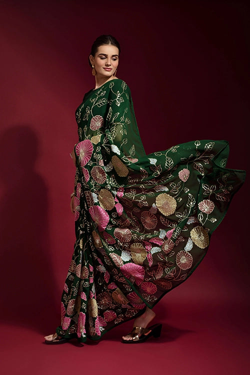 Stylish Green Georgette Saree with Thread & Sequence