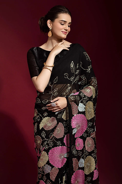 Designer Embroidery Black Saree