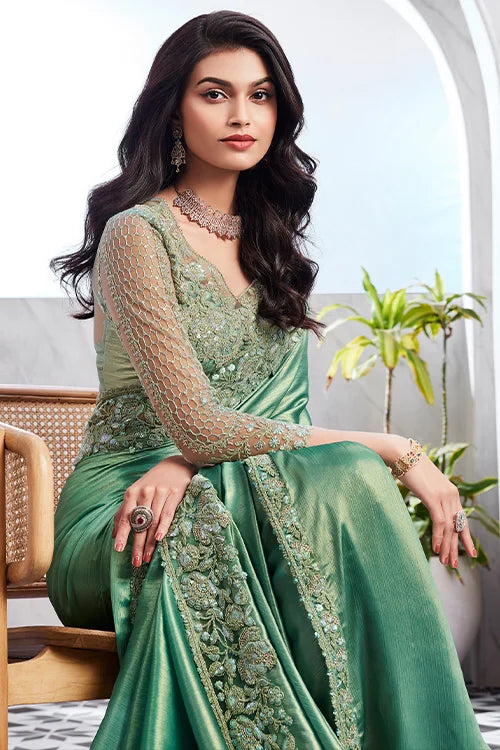 Galm Green Fancy Golden Shimmer Silk Saree With Blouse Piece shubhkalastore