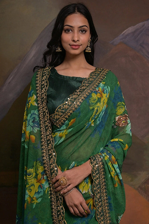 Green Georgette Saree with Embroidery