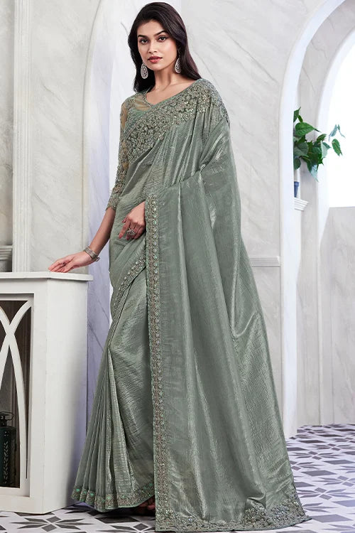 Women's Cocktal Party Wear Saree With Greenish Grey Blouse