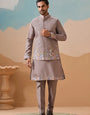 Elegant Grey Embroidered Koti Kurta Pant for Mens