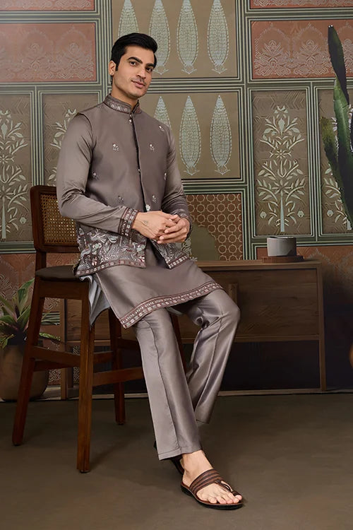 Grey Silk Kurta with Koti