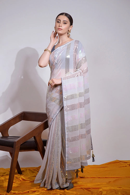 Fancy Grey Embroidered Saree