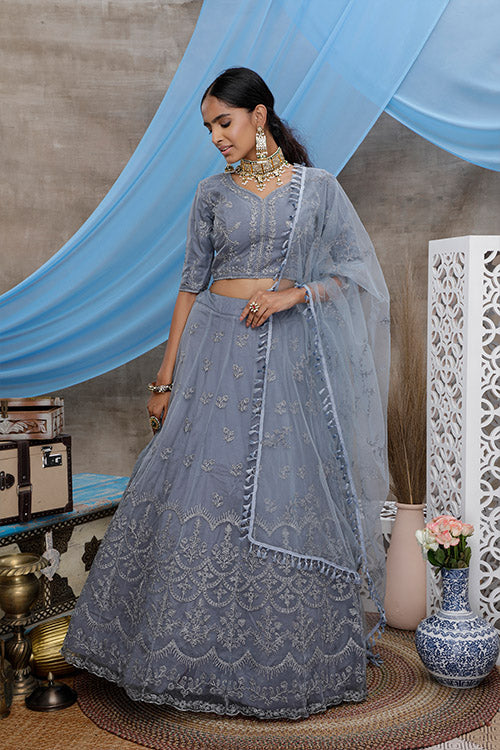 Grey Net Coding Embroidered Lehenga