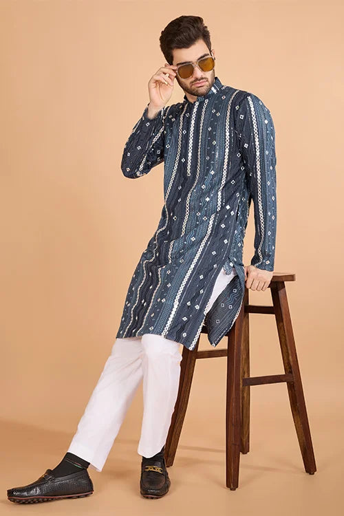 Grey Sequence Mirror Embroidered Kurta