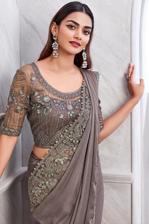 Online Collection Of Grey Saree With Fancy Blouse Piece shubhkalastore