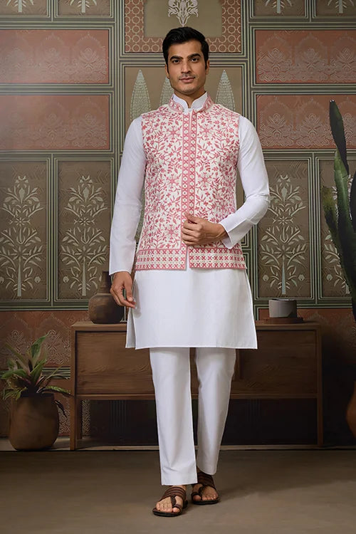 Wedding Pink Koti with White Kurta Pajama Set - Main Image