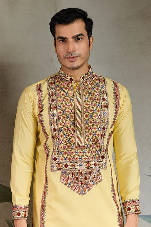 Yellow silk kurta for men