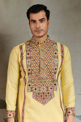 Yellow silk kurta for men