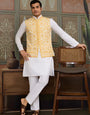 Haldi Special Yellow Koti with White Kurta for Mens
