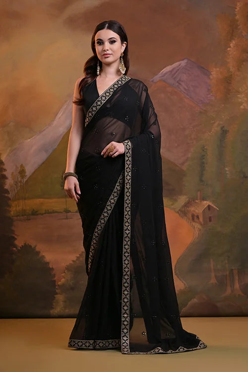 Heavy Georgette Black Embroidered Saree