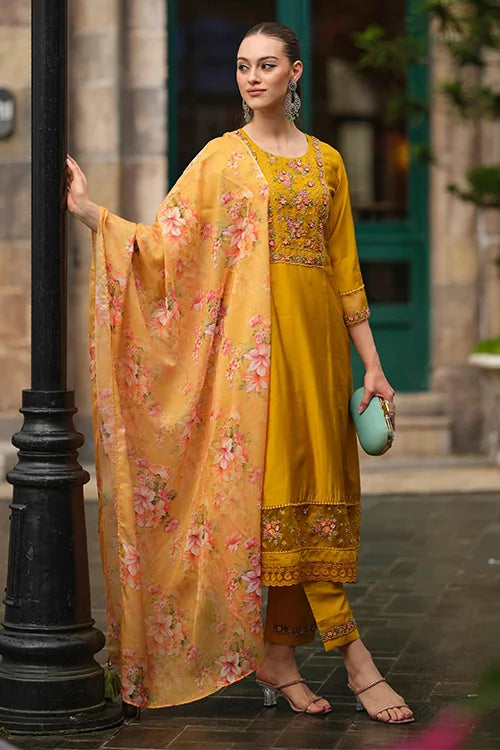 Yellow Chanderi Kurti Set