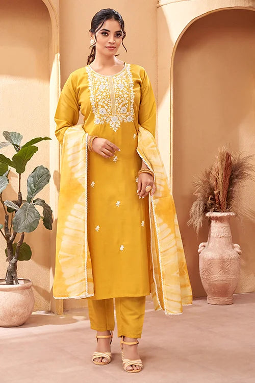 Yellow Chanderi Kurti Set
