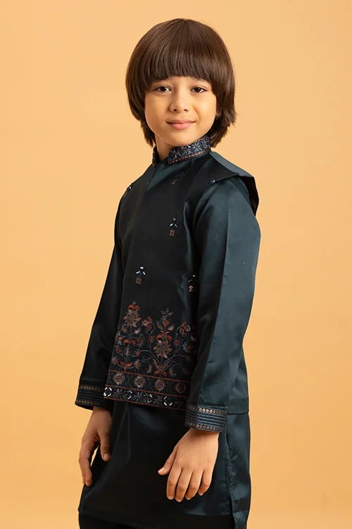 Kids Green Embroidered Koti Kurta