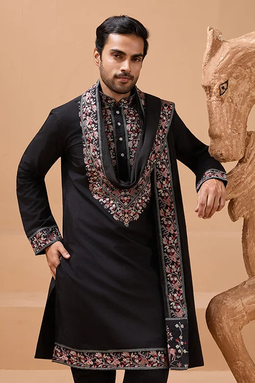 Black Kurta Dupatta Set for Men