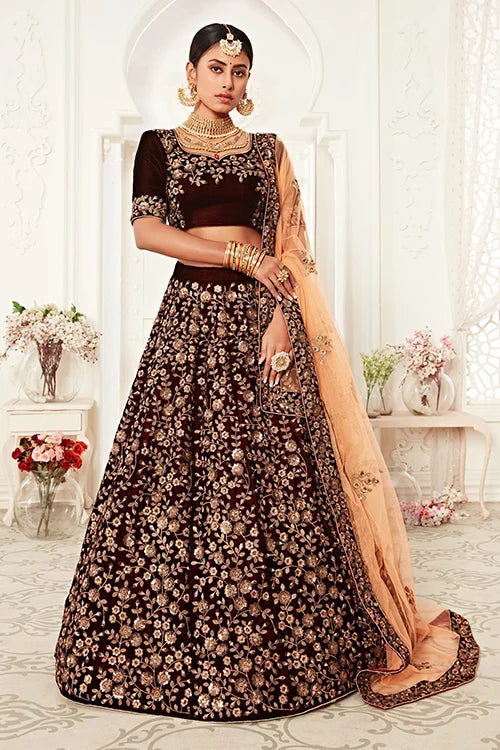 Maroon Bridal Velvet Lehenga Choli