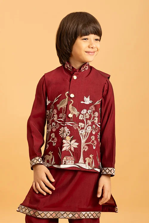 Maroon Kurta Koti Set for Kids