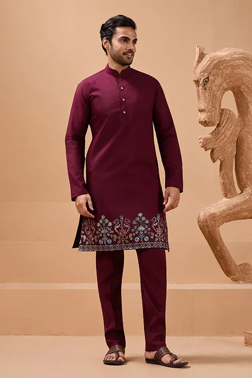 Maroon Viscose Silk Kurta