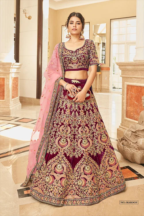 Designer Maroon Velvet Lehenga